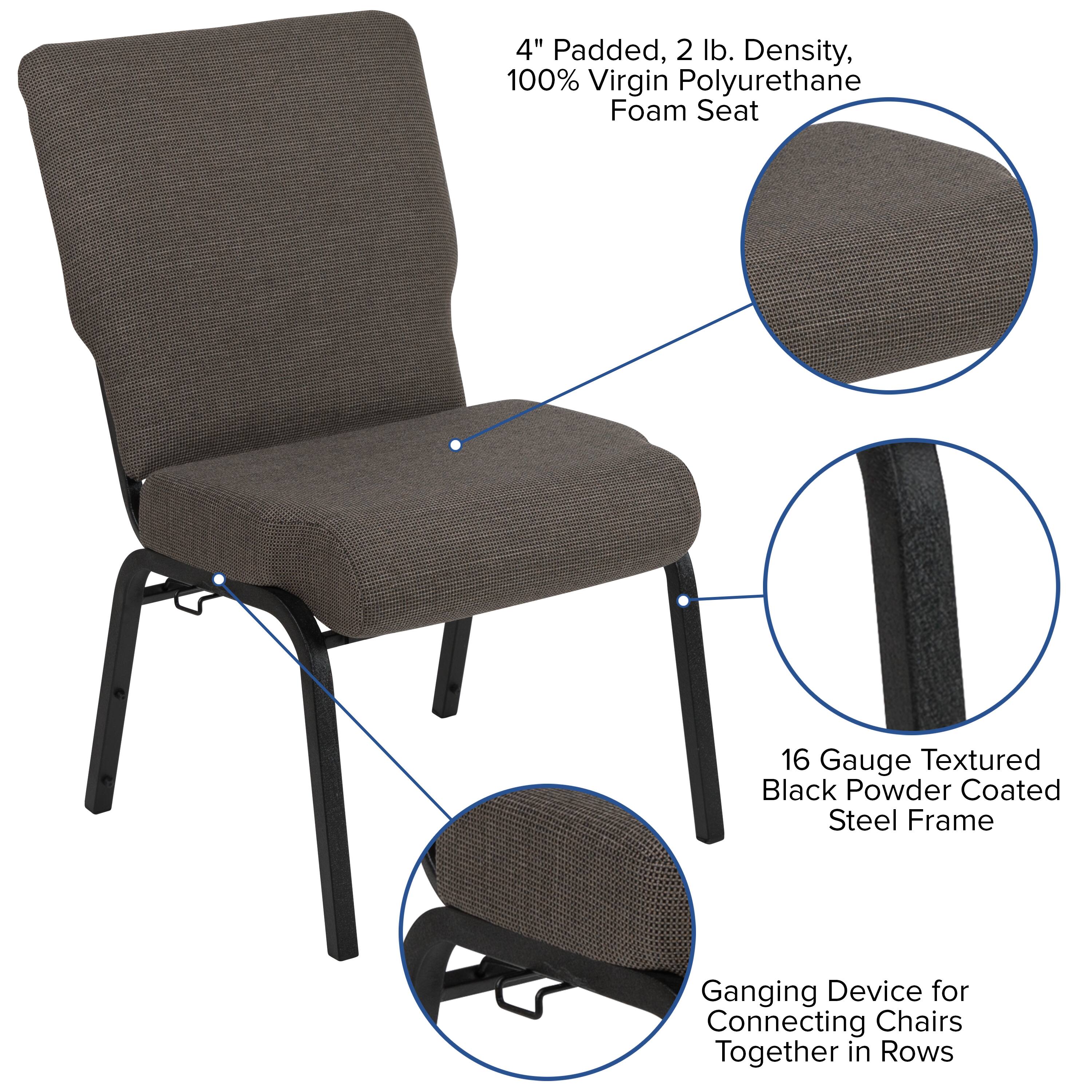 4" Padded, 2 lb. Density, 100% Virgin Polyurethane Foam Seat  
16 Gauge Textured Black Powder Coated Steel Frame  
Ganging Device for Connecting Chairs Together in Rows