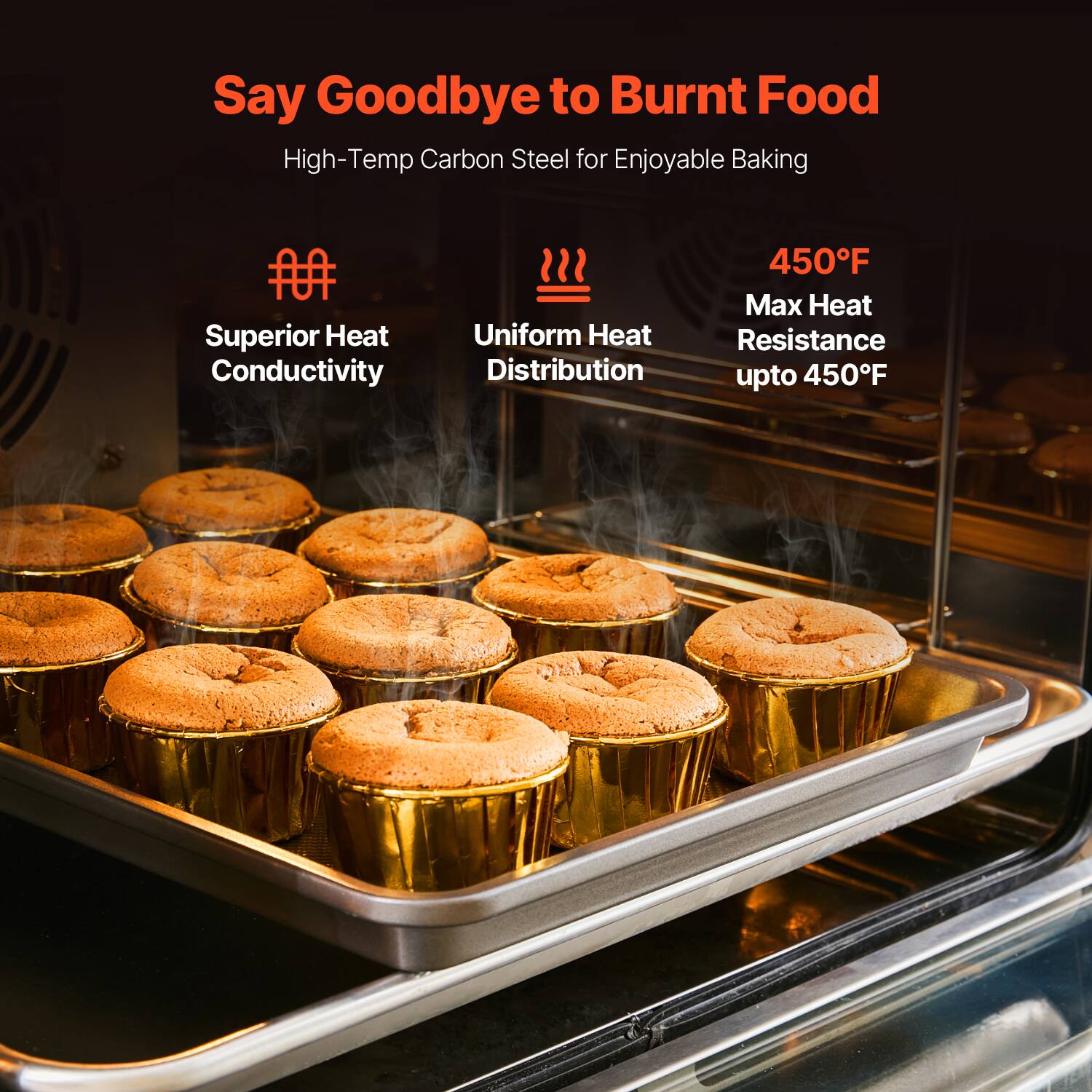 Say Goodbye to Burnt Food

High-Temp Carbon Steel for Enjoyable Baking

- Superior Heat Conductivity
- Uniform Heat Distribution
- 450°F Max Heat Resistance up to 450°F