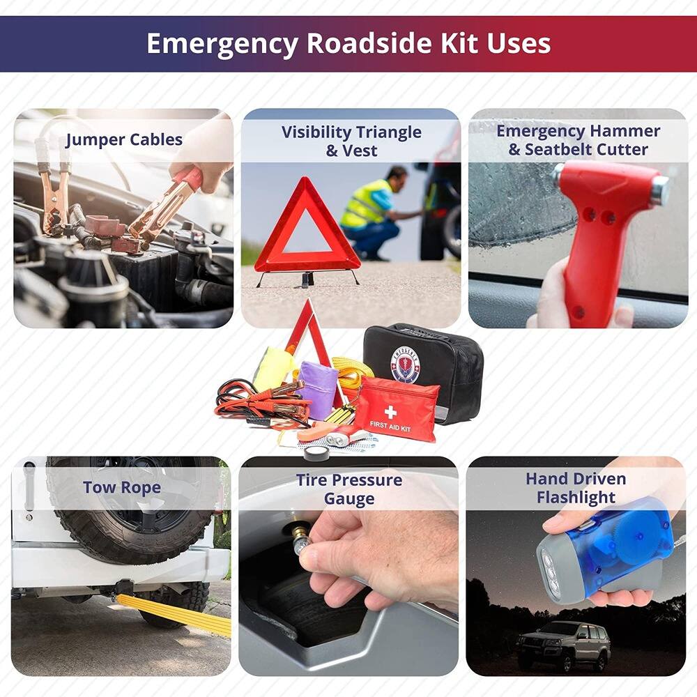 Emergency Roadside Kit Uses

- Jumper Cables
- Visibility Triangle & Vest
- Emergency Hammer & Seatbelt Cutter
- Tow Rope
- Tire Pressure Gauge
- Hand Driven Flashlight