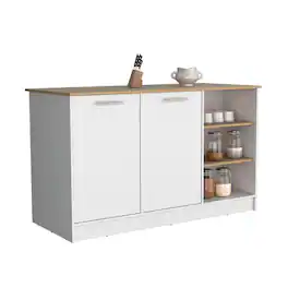 Loheer - White and Natural Oak Kitchen Island with Two Cabinets - Multicolor