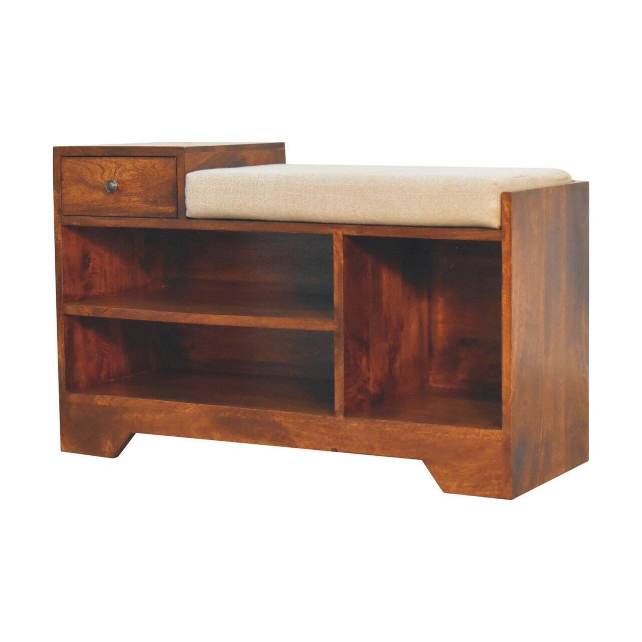 Left. Artisan Furniture - Artisan Furniture Solid Wood Retreat Chestnut Shoe Bench, Upholstered, 1 Drawer, 3 Shelves, Dark Brown & White - Brown & White.