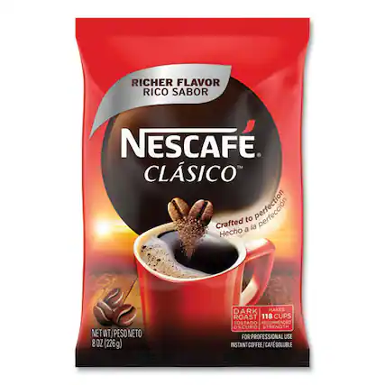RICHER FLAVOR
RICO SABOR
NESCAFÉ
CLÁSICO
Crafted to perfection
Hecho a la perfección
DARK ROAST
TOSTADO OSCURO
NET WT / PESO NETO
8 OZ (226g)
MAKES
118 CUPS
FOR PROFESSIONAL USE
CAFÉ SOLUBLE
INSTANT COFFEE
CAFÉ SOLUBLE