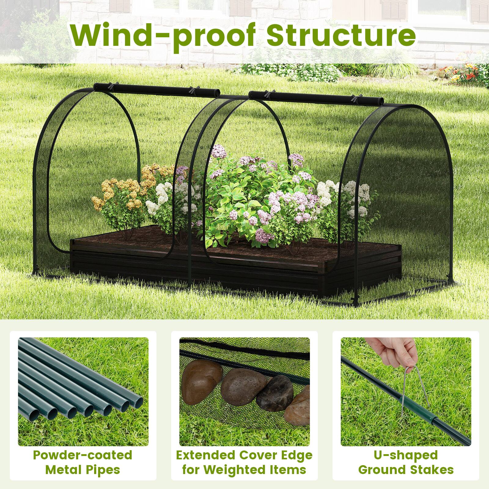 Wind-proof Structure

Powder-coated Metal Pipes

Extended Cover Edge for Weighted Items

U-shaped Ground Stakes