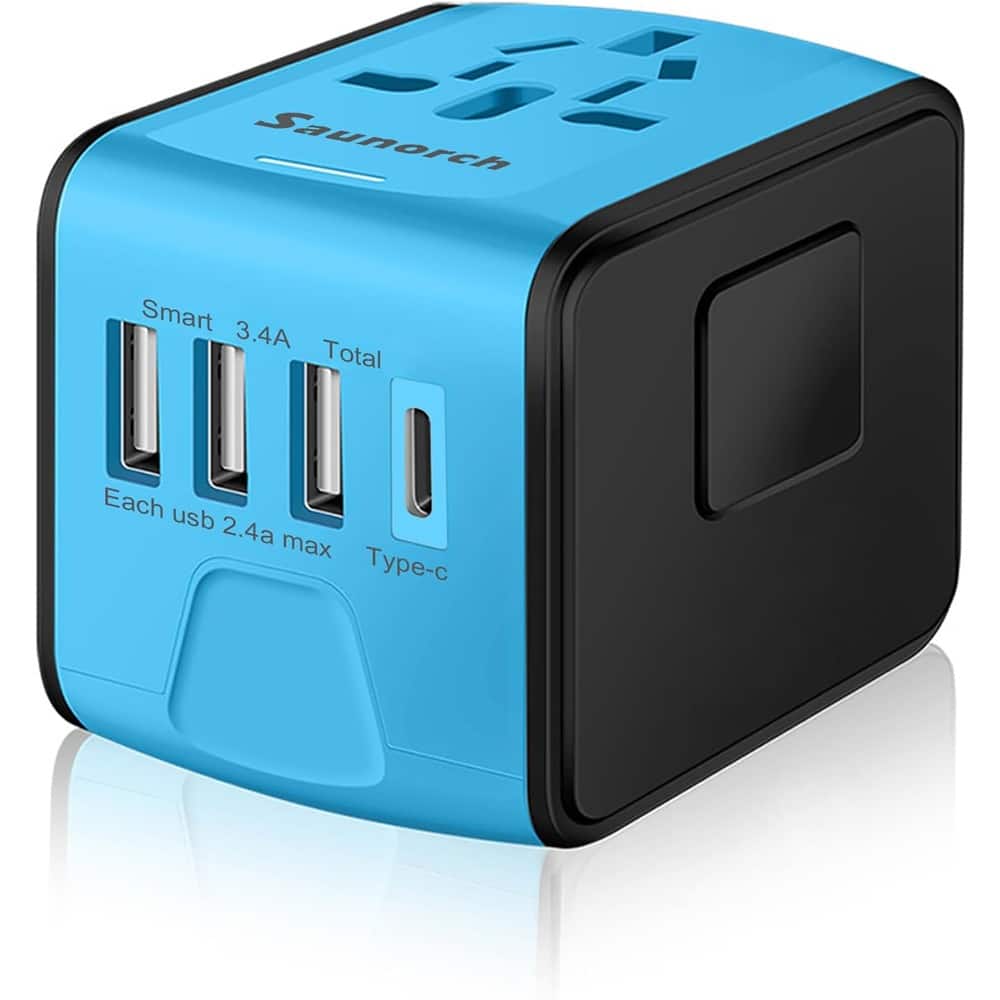 Schertz - Universal Travel Adapter w/ 3 USB-A & USB-C Ports – US/EU/UK/AU - Blue