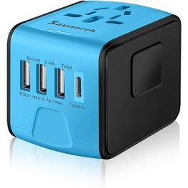 Schertz - Universal Travel Adapter w/ 3 USB-A & USB-C Ports – US/EU/UK/AU - Blue