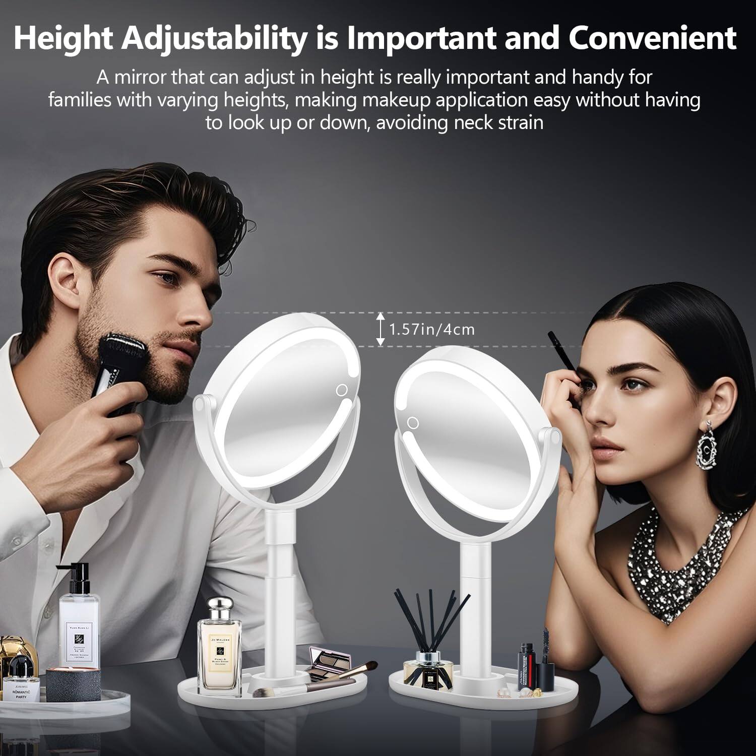 Height Adjustability is Important and Convenient

A mirror that can adjust in height is really important and handy for families with varying heights, making makeup application easy without having to look up or down, avoiding neck strain.

1.57in/4cm