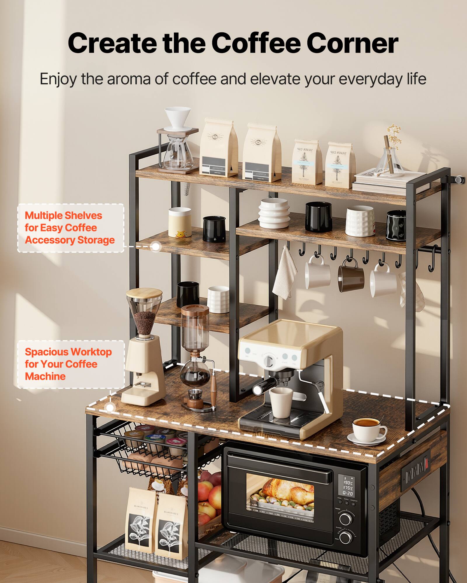Create the Coffee Corner  
Enjoy the aroma of coffee and elevate your everyday life  

Multiple Shelves for Easy Coffee Accessory Storage  
Spacious Worktop for Your Coffee Machine