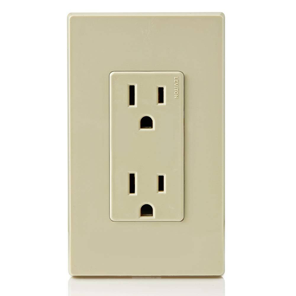 Left. Leviton - 5325-I 15 Amp 125 Volt Decora Duplex Residential Grade Grounding Receptacle - Ivory.