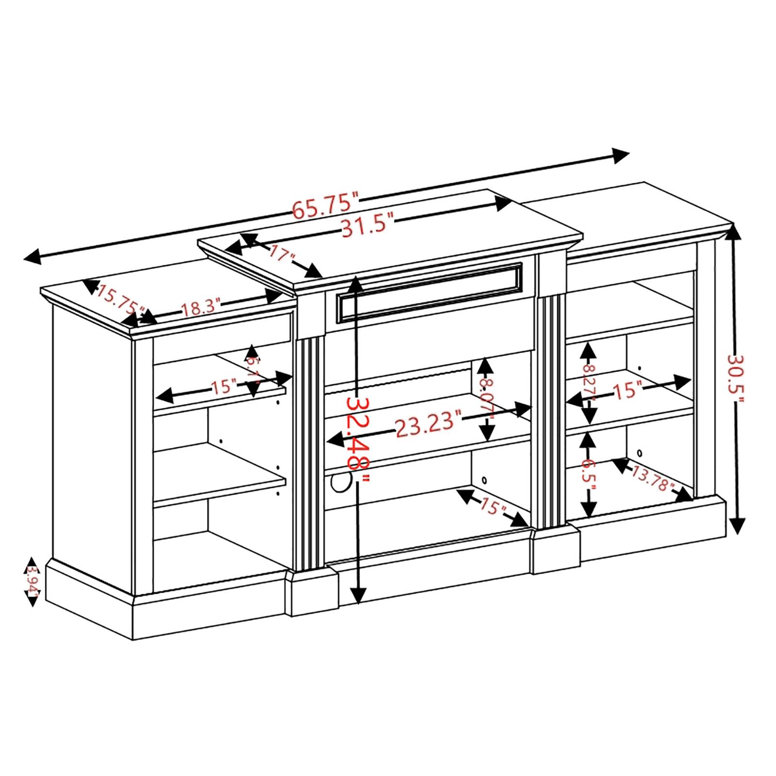 Here is the corrected and grouped text from the image:

- 15.75"
- 18.3"
- 15"
- 65.75"
- 31.5"
- 17"
- 32
- 8:07
- 32.48"
- 23.23"
- 15"
- 8.27
- 15
- 6.5"
- 13.78
- 30.5"
- 94

Grouped by measurements:

- Width: 65.75"
- Depth: 31.5"
- Height: 30.5"
- Top shelf: 15.75" (width) x 18.3" (depth)
- Second shelf: 15" (width) x 15" (depth)
- Third shelf: 15" (width) x 15" (depth)
- Bottom shelf: 15" (width) x 15" (depth)
- Drawer: 17" (width) x 15" (depth)
- Drawer