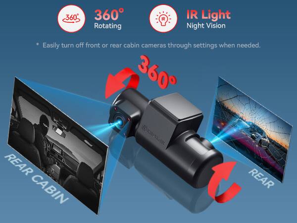360° Rotating  
IR Light Night Vision  

Easily turn off front or rear cabin cameras through settings when needed.  

REAR CABIN  
REAR