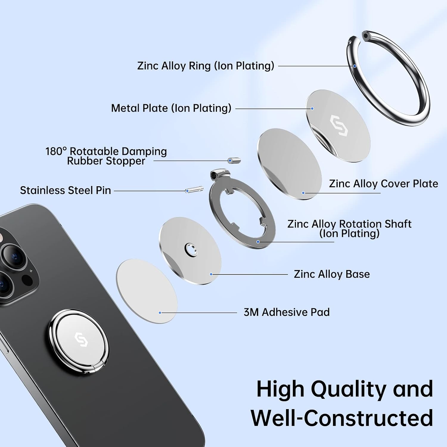 Zinc Alloy Ring (Ion Plating)  
Metal Plate (Ion Plating)  
180° Rotatable Damping Rubber Stopper  
Stainless Steel Pin  
Zinc Alloy Cover Plate  
Zinc Alloy Rotation Shaft (Ion Plating)  
Zinc Alloy Base  
3M Adhesive Pad  
High Quality and Well-Constructed