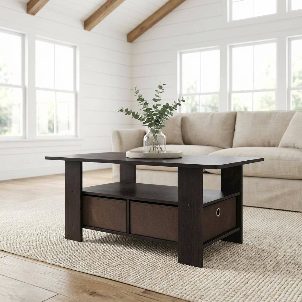 Angle. FurniFact - Dark Walnut Coffee Table with Bin Drawer and Compact Storage Surface 11158DWN - Dark Walnut.