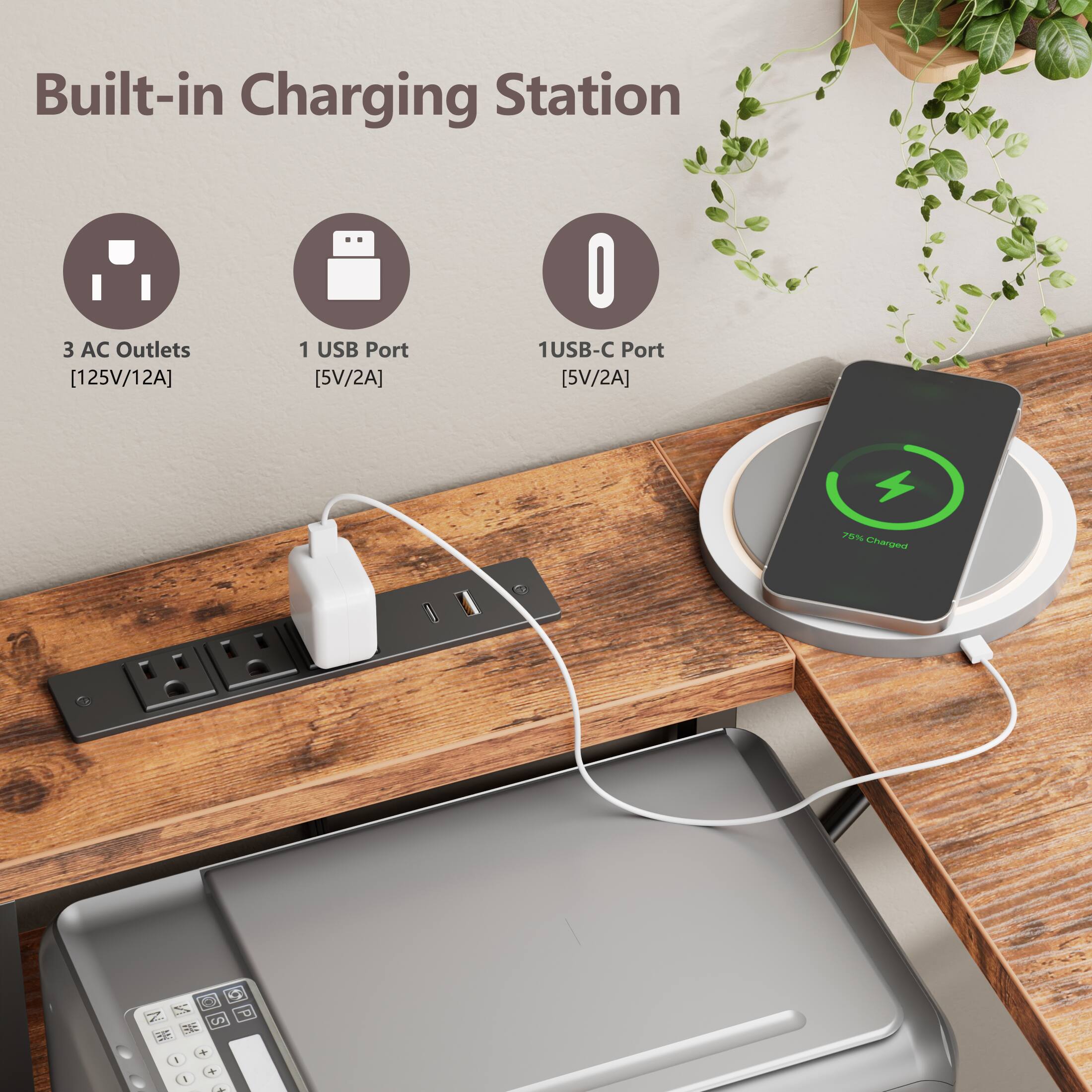 Built-in Charging Station  
3 AC Outlets [125V/12A]  
1 USB Port [5V/2A]  
1 USB-C Port [5V/2A]