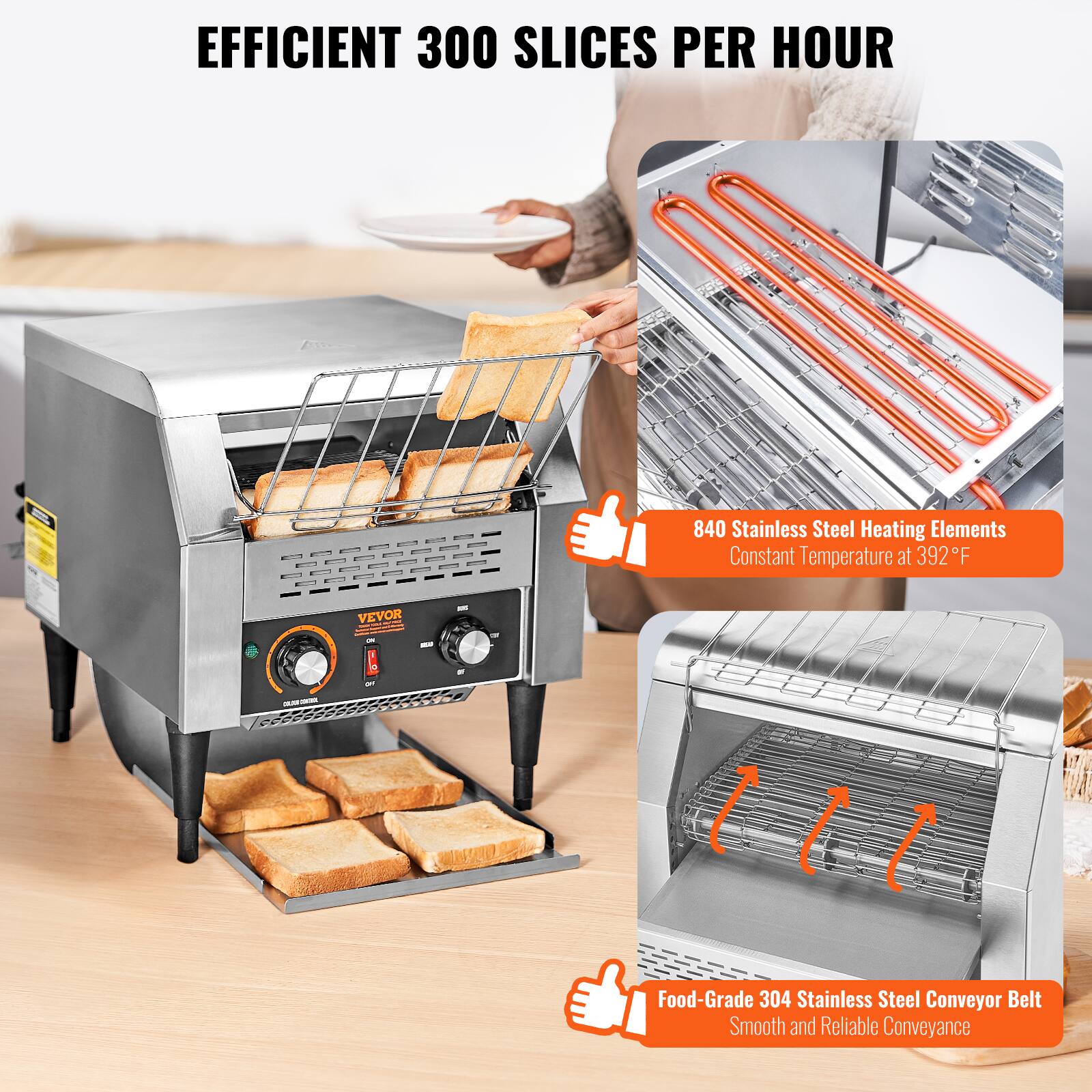 EFFICIENT 300 SLICES PER HOUR

840 Stainless Steel Heating Elements Constant Temperature at 392F

Food-Grade 304 Stainless Steel Conveyor Belt Smooth and Reliable Conveyance