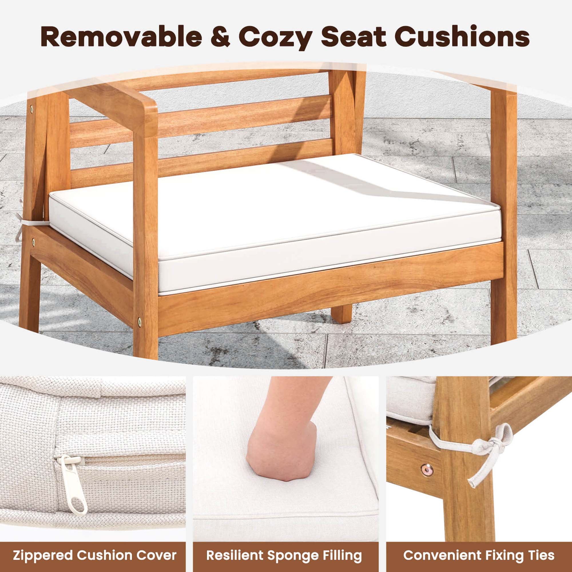 Removable & Cozy Seat Cushions:

* Zippered Cushion Cover
* Resilient Sponge Filling
* Convenient Fixing Ties