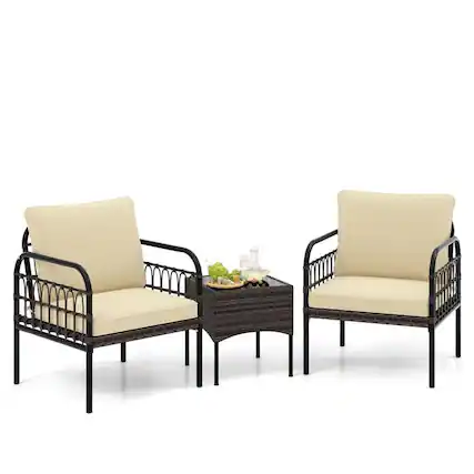 Front. Pefilos - 3-Piece PE Rattan Wicker Adirondack Set, Deluxe Outdoor Patio with Comfy Seat Cushions-Gray - Beige.