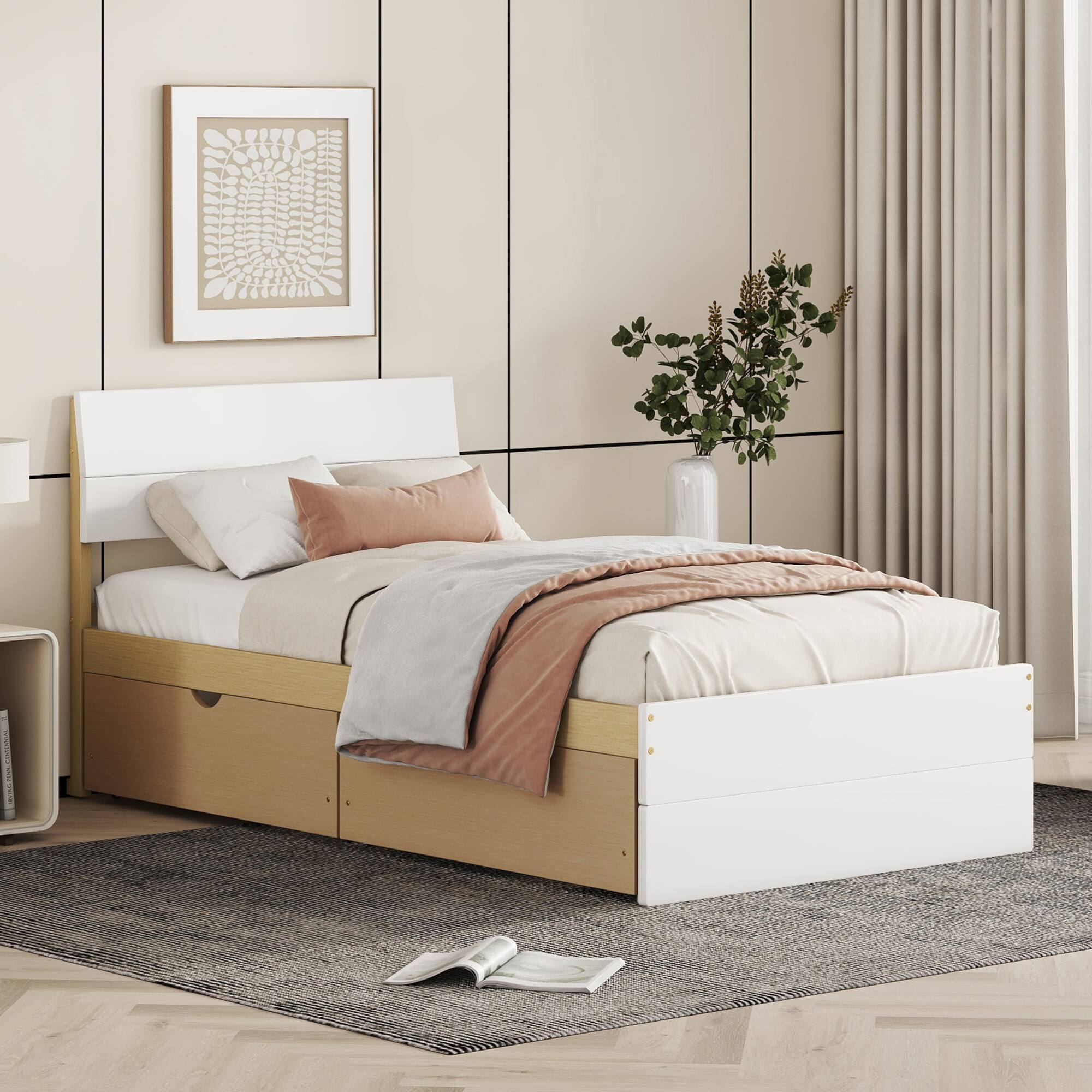 Left. GOODSILO - Modern Twin Bed Frame with Storage Drawers and High Gloss Finish - White+Light Oak.