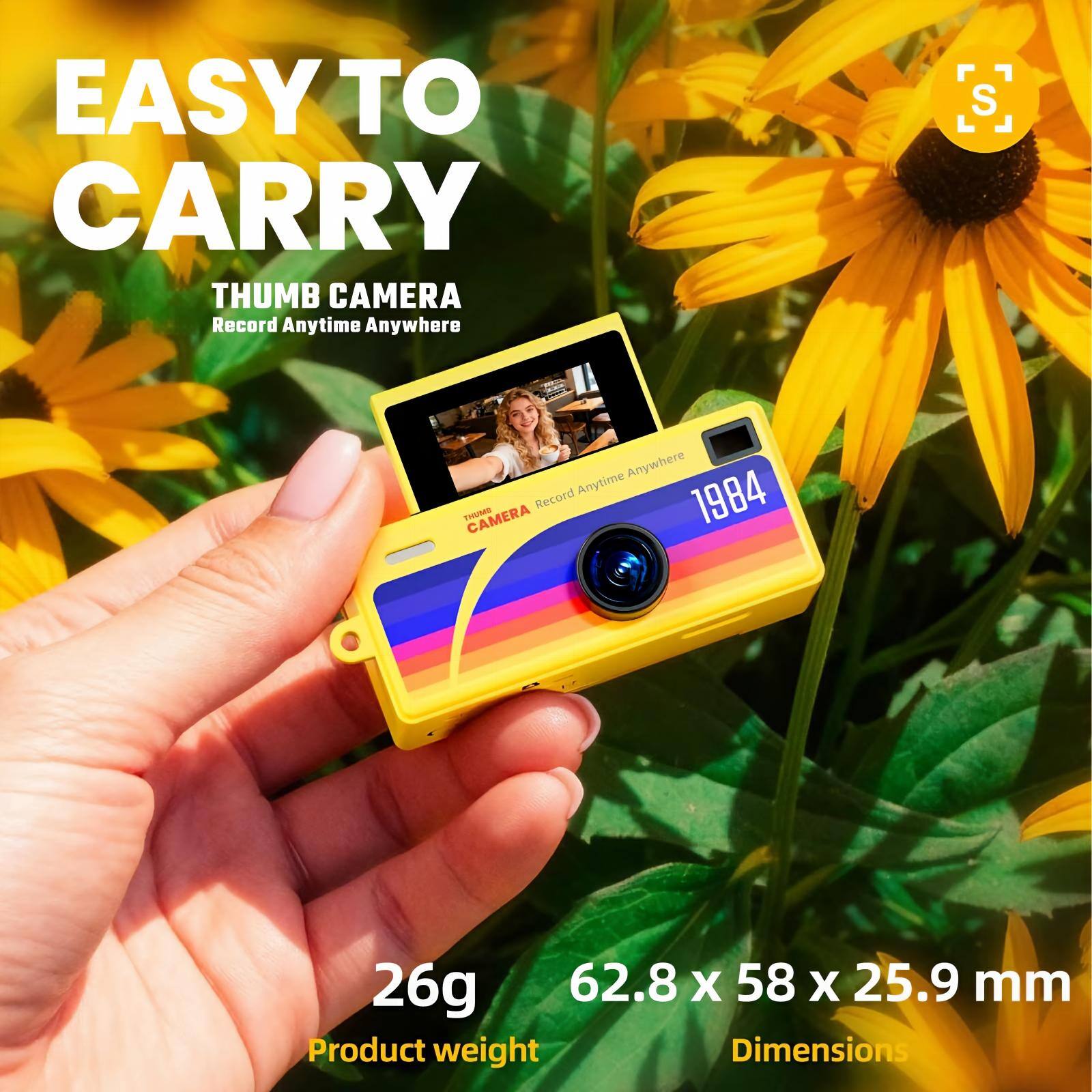 EASY TO CARRY  
THUMB CAMERA  
Record Anytime Anywhere  

26g  
Product weight  

62.8 x 58 x 25.9 mm  
Dimensions
