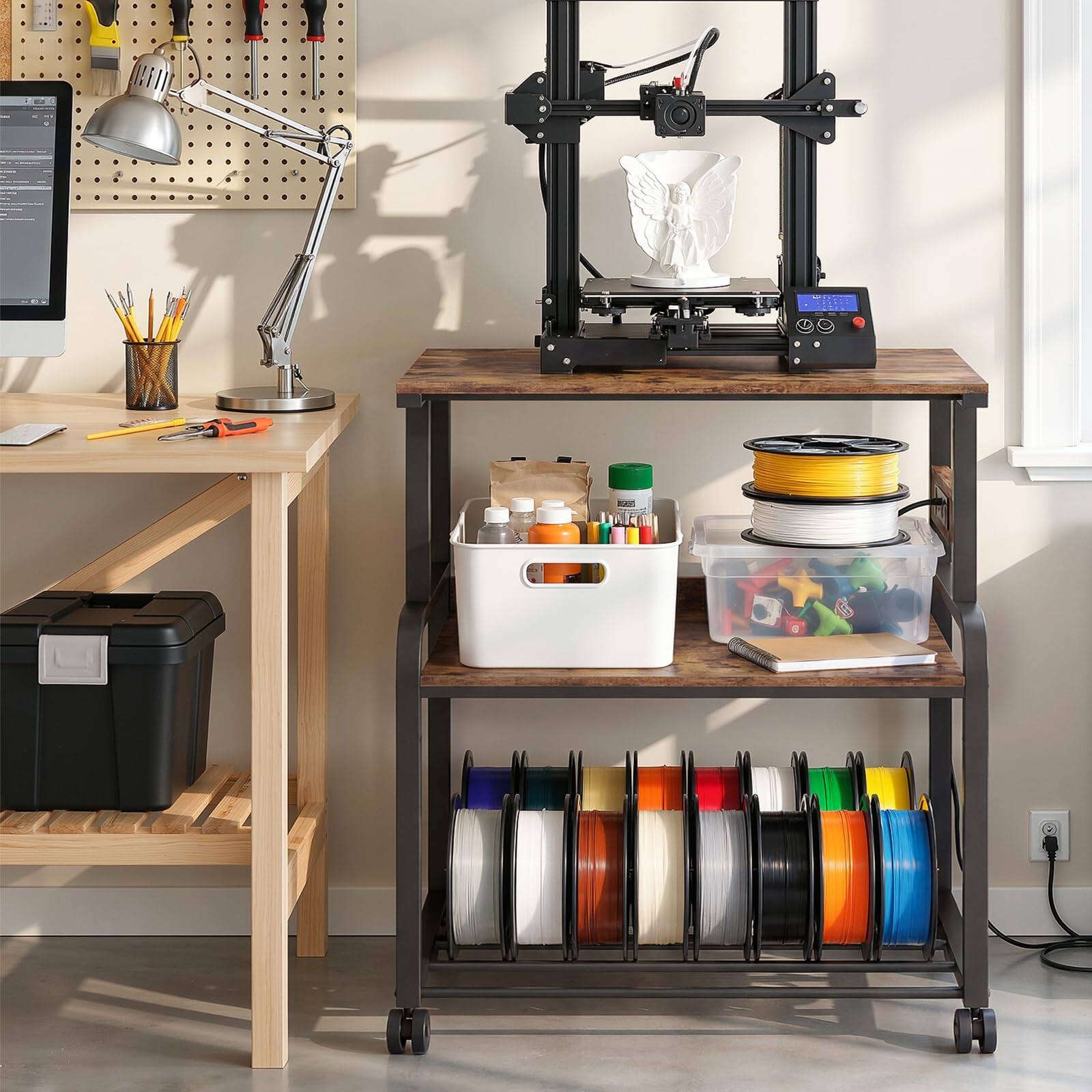 Left. Aheaplus - Heavy Duty Rolling 3D Printer Stand with Power Outlet & Filament Storage - 3-Tier Lockable Cart for Home Office - Rustic Brown.