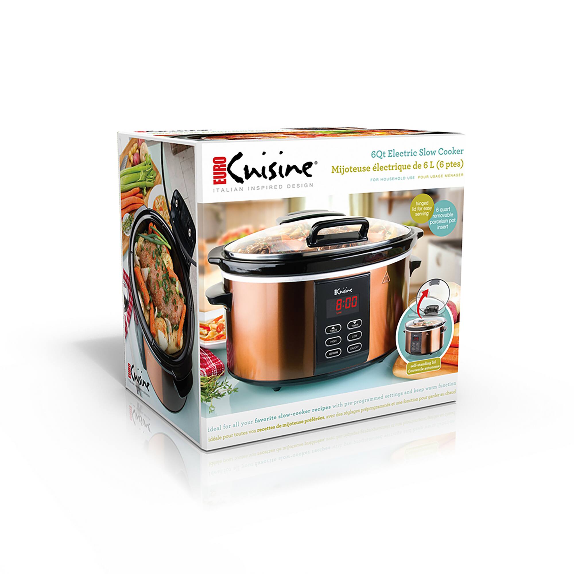 6Qt Electric Slow Cooker Mijoteuse électrique de 6 L (6 ptes) EURO Cuisine INSPIRED DESIGN ITALIAN hinged lid for easy serving porcelain pot insert 6 quart slow cooker recipes with pre-programmed settings and keep warm function ideal for all your favorite slow-cooker recipes pre-programmed for all your favorite slow-cooker recipes ideal for all your favorite slow-cooker recipes