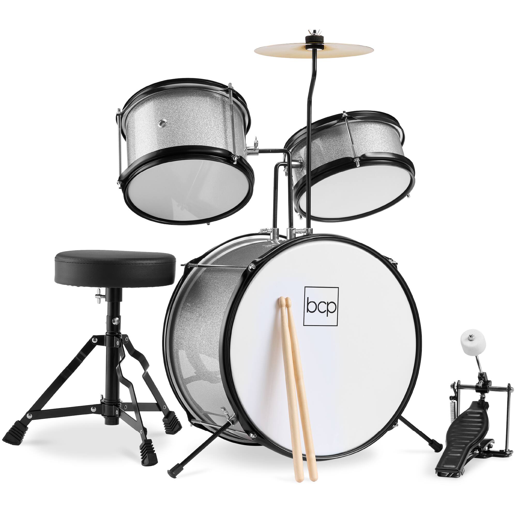 Best Choice Products - Kids Beginner 3-Piece Drum, Musical Instrument Set w/ Sticks, Stool, Pedal - Silver Sparkle