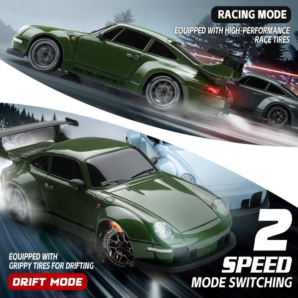 RACING MODE  
EQUIPPED WITH HIGH-PERFORMANCE RACE TIRES  

ASK THE NORTH WIND  

NGE BRACINGS  

ARACI  

EQUIPPED WITH GRIPPY TIRES FOR DRIFTING  

DRIFT MODE  

2 SPEED MODE SWITCHING