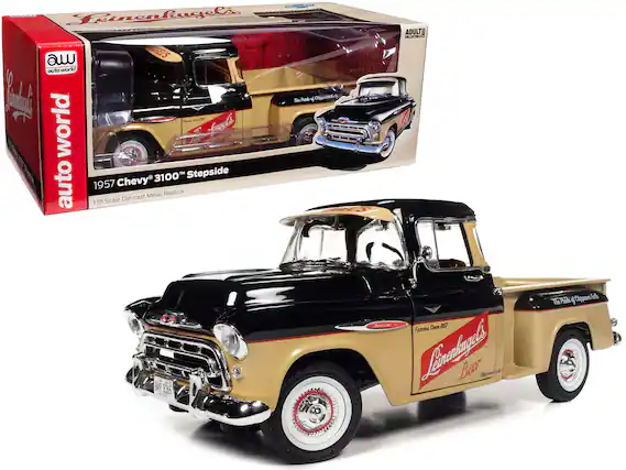 Sure, here is the corrected and grouped text from the image:
---
**Front of the Box:**
- **Leinenkugel's**
- **auto world**
- **1957 Chevy® 3100™ Stepside**
- **1:18 Scale Die-cast Metal Replica**
- **ADULT COLLECTIBLE**
**Side of the Box:**
- **Leinenkugel's**
- **Beer**
- **The Pride of Chippewa Falls**
- **Famous Since 1867**
**On the Truck:**
- **Leinenkugel's**
- **Beer**
- **The Pride of Chippewa Falls**
- **Famous Since 1867**
- **B49 8035**
**License Plate:**
- **B49 8035**
---
This text is organized based on its location on the packaging and the model truck.