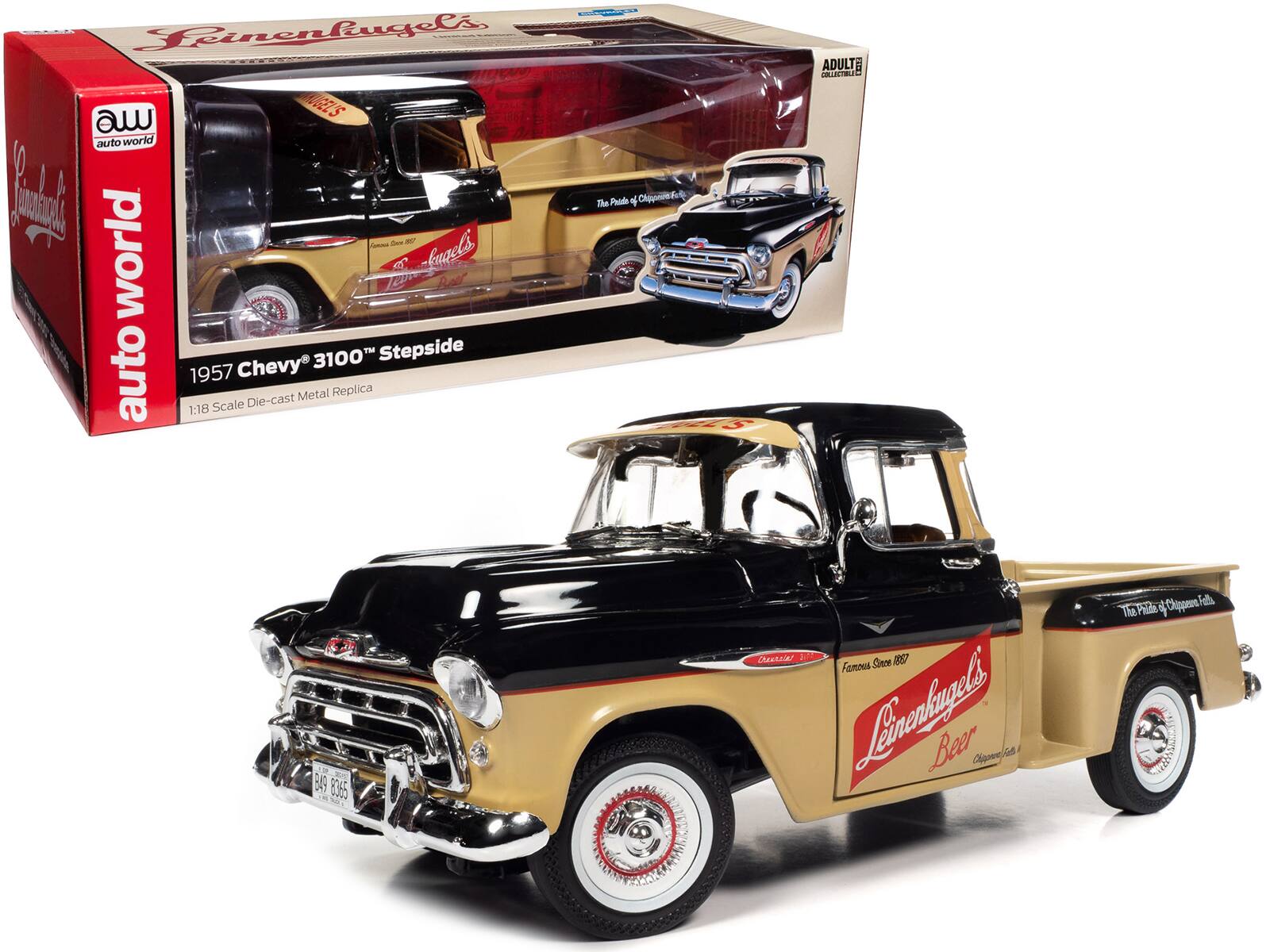 Sure, here is the corrected and grouped text from the image:

---

**Front of the Box:**

- **Leinenkugel's**
- **auto world**
- **1957 Chevy® 3100™ Stepside**
- **1:18 Scale Die-cast Metal Replica**
- **ADULT COLLECTIBLE**

**Side of the Box:**

- **Leinenkugel's**
- **Beer**
- **The Pride of Chippewa Falls**
- **Famous Since 1867**

**On the Truck:**

- **Leinenkugel's**
- **Beer**
- **The Pride of Chippewa Falls**
- **Famous Since 1867**
- **B49 8035**

**License Plate:**

- **B49 8035**

---

This text is organized based on its location on the packaging and the model truck.