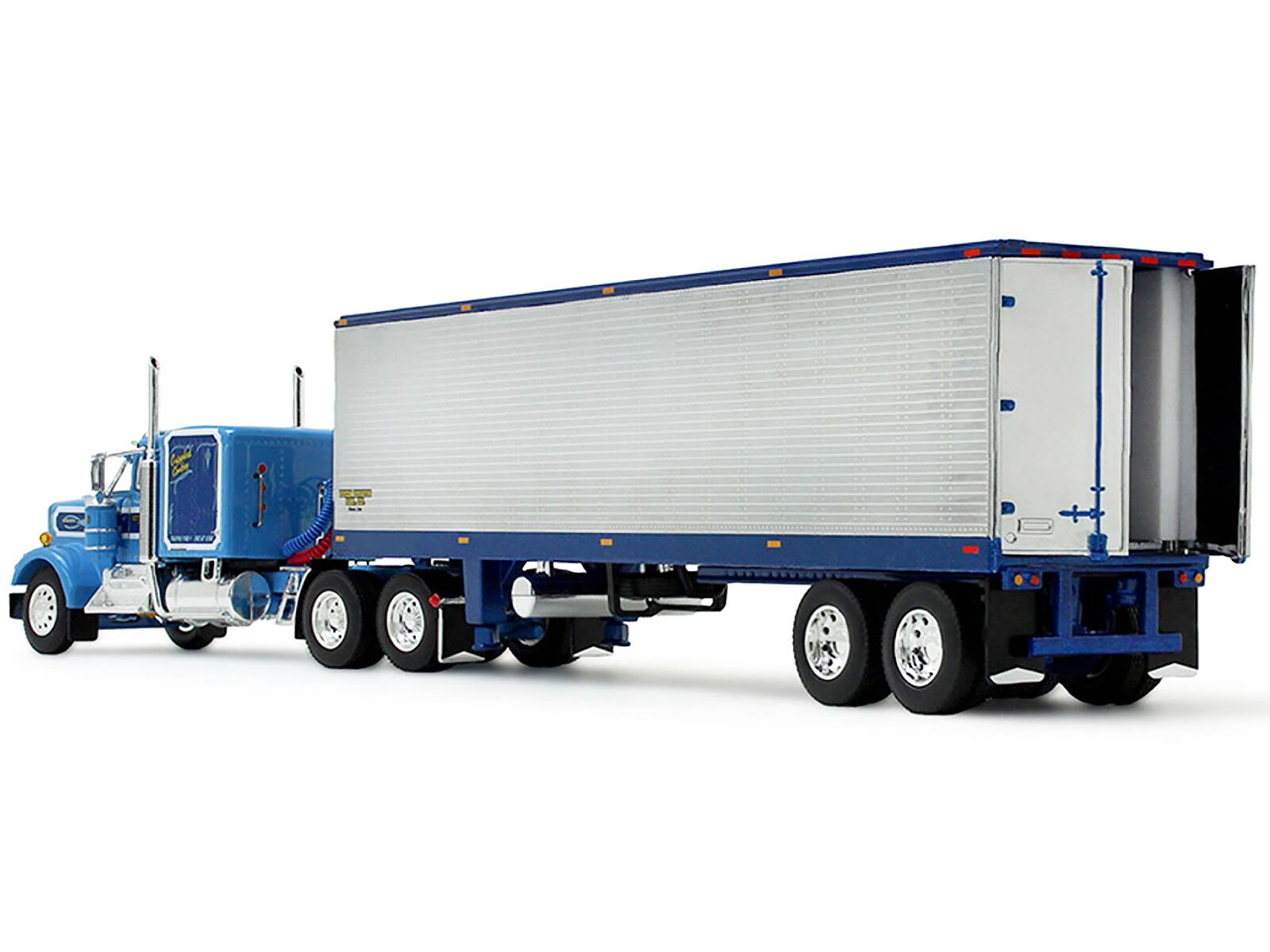 Back. First Gear - Kenworth W900A with 60 Flat Top Sleeper and 40' Vintage Refrigerated Trailer Crippled Cowboy Blue 1/64 - Blue.
