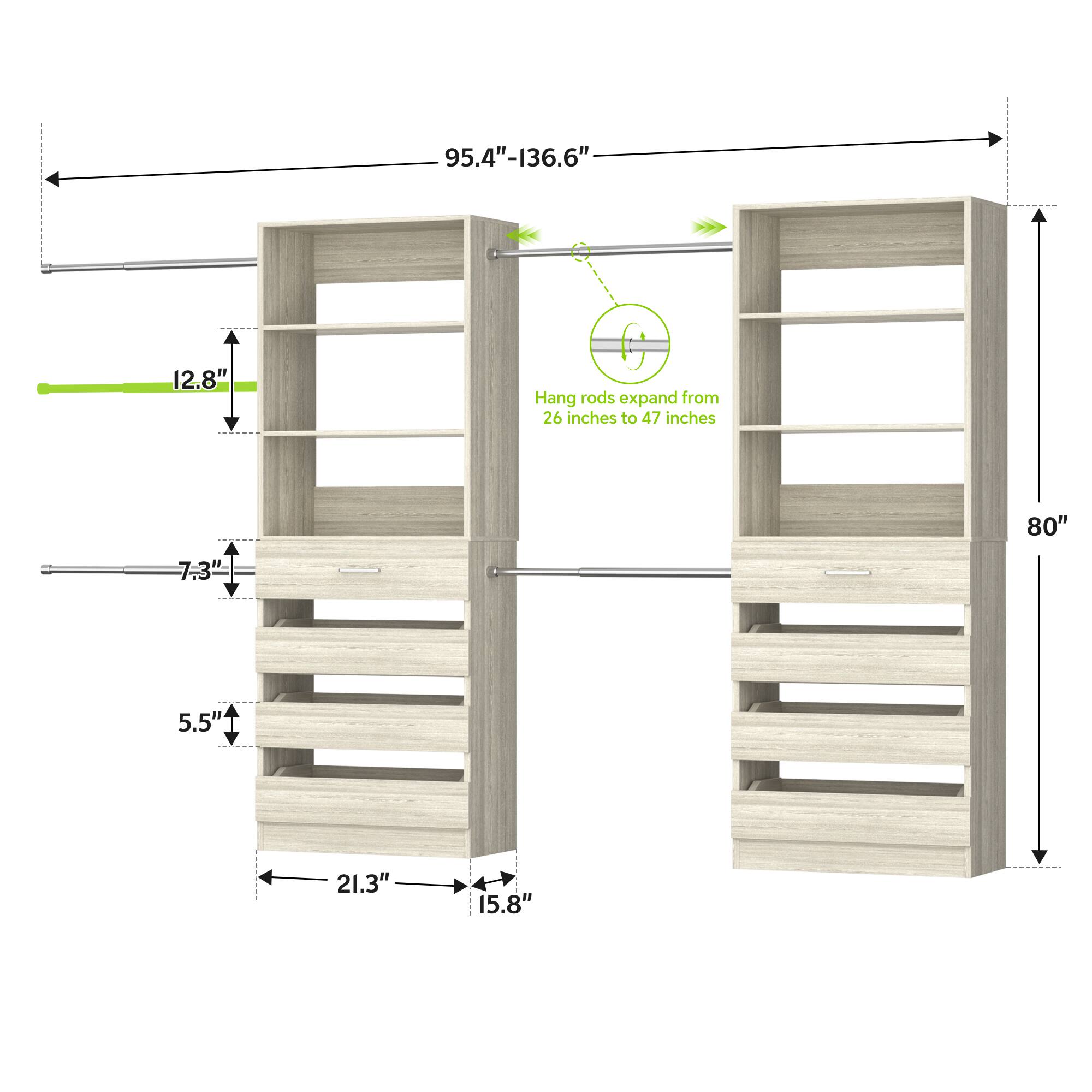95.4"-136.6"  
12.8"  
Hang rods expand from 26 inches to 47 inches  
80"  
7.3"  
5.5"  
21.3"  
15.8"