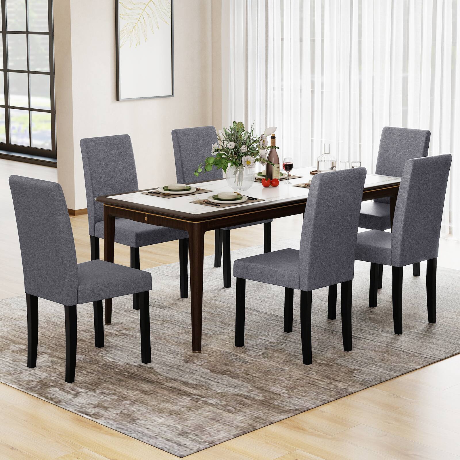Alt View 3. Gymax - Gymax Dining Chair Set of 4 Fabric Upholstered Rubber Wood Legs Side Armless Dark Gray - Black.