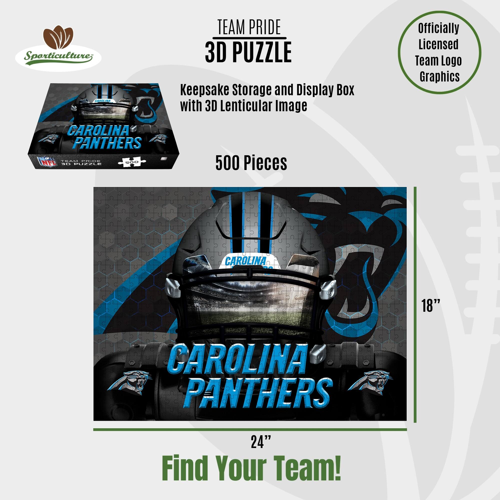 Sporticulture; FSE S CAROLINA PANTHERS TEAM PRIDE 3D PUZZLE Keepsake Storage and Display Box with 3D Lenticular Image 500 Pieces Officially Licensed Team Logo Graphics CAROLINA 18" CAROLINA PANTHERS 24" Find Your Team!