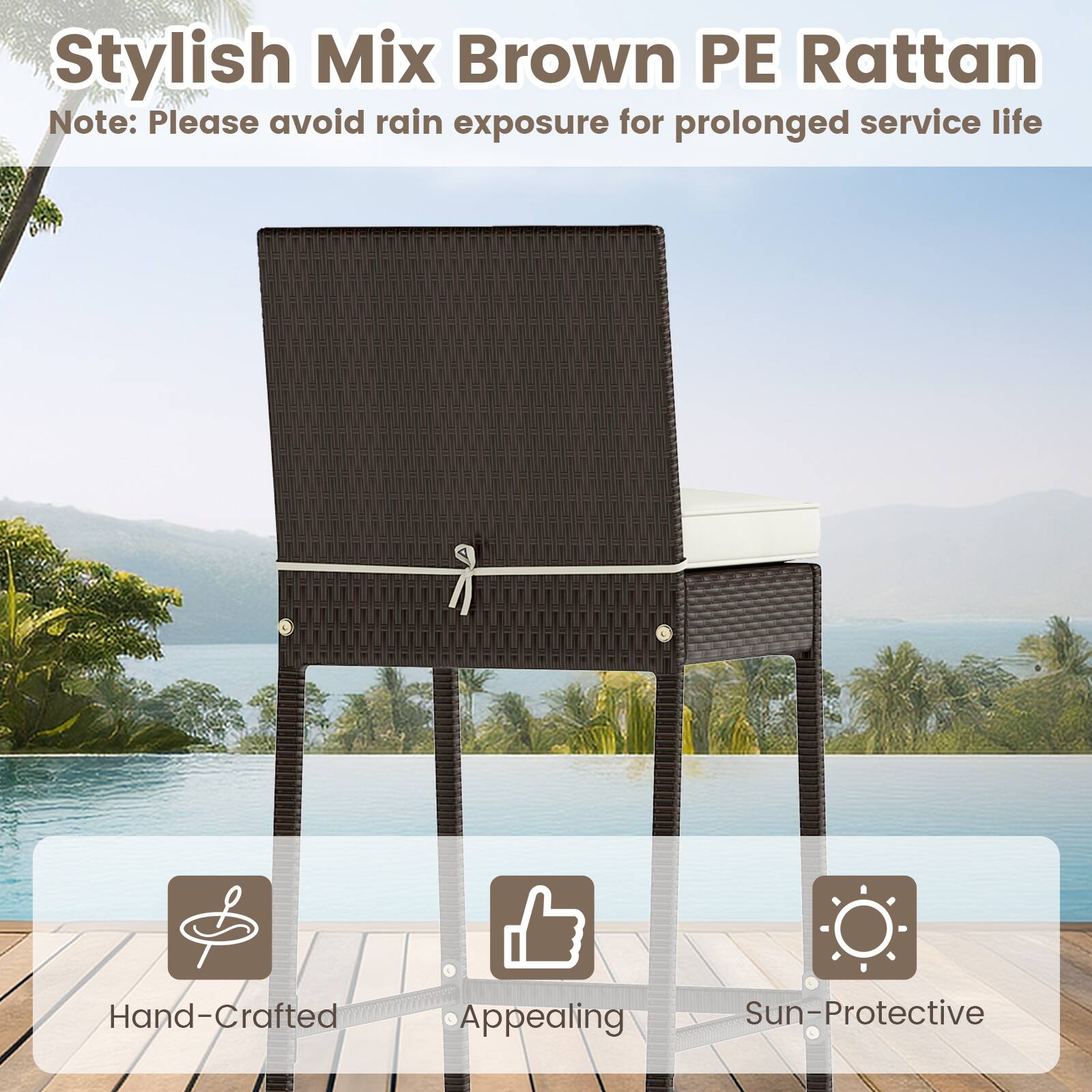 Gymax - Set of 3 Outdoor Bar Set Patio Rattan Bar Height Table & Chairs w/ Glass Tabletop Mix Brown - Mix Brown & Off White - Thumbnail 3