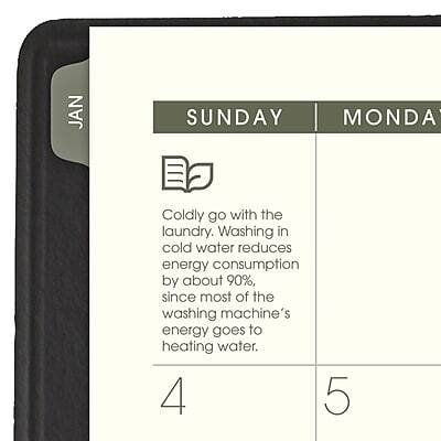 JAN  
SUNDAY  
Coldly go with the laundry. Washing in cold water reduces energy consumption by about 90%, since most of the washing machine's energy goes to heating water.  

MONDAY  
5