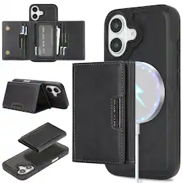 Dteck - Detachable Wallet Case for Apple iPhone 16 Plus,Premium PU Leather Flip Card Holder Stand Shockproof Mag Safe Cover - Black