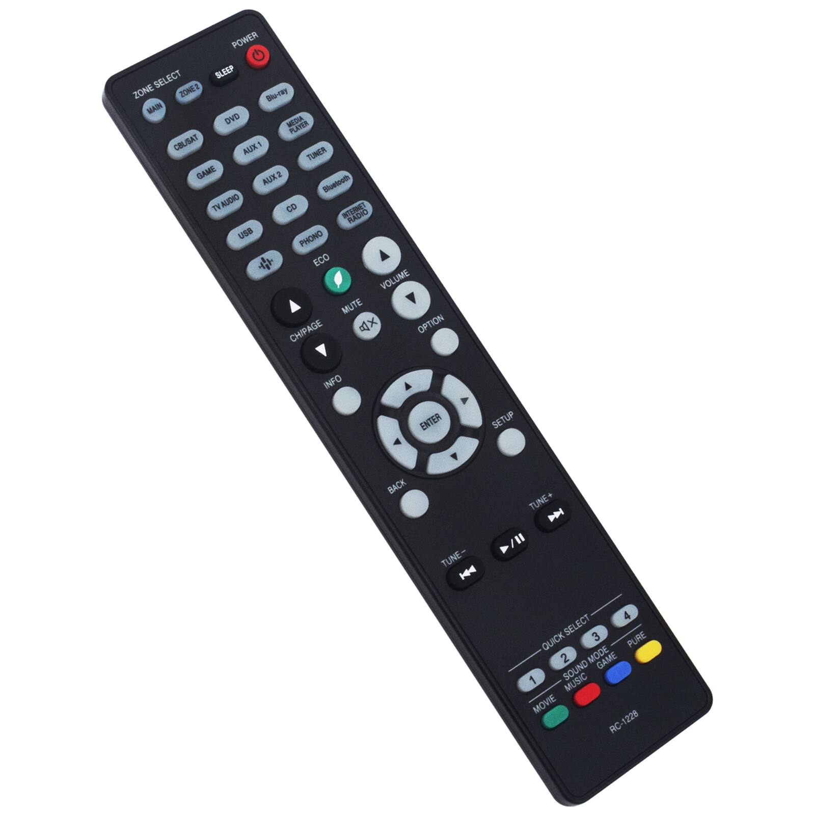 POWER G SELECT SLEEP ZONE ZONER B- MAIN DVD MEDIA PLAYER CBLSAT AUX1 TUNER GAME SKUA 2 Betoo TN AUDIO CD RADIO USB PHONO 1 ECO VOLUME MUTE CHIPAGE A OPTION INFO ENTER SETUP BACK TUNE- TUNE+ D /I 4 SELECT 3 QUICK PURE 2 MODE GAME 1 SOUND MUSIC MOVIE 1228 RC-