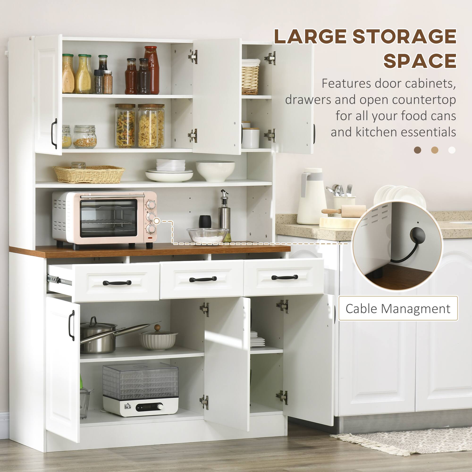 LARGE STORAGE SPACE
Features door cabinets, drawers and open countertop for all your food cans and kitchen essentials
Cable Management