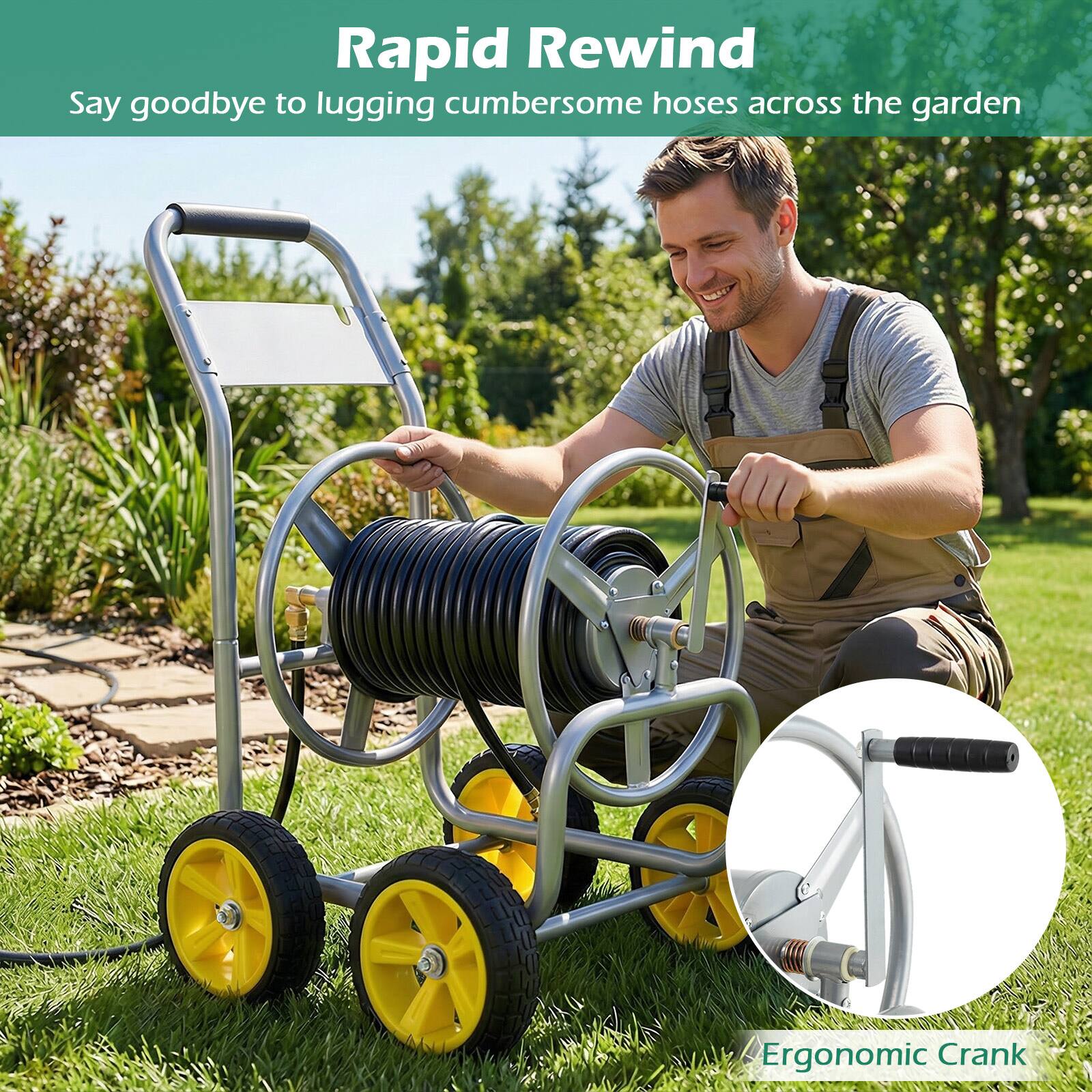 Rapid Rewind  
Say goodbye to lugging cumbersome hoses across the garden  

Ergonomic Crank
