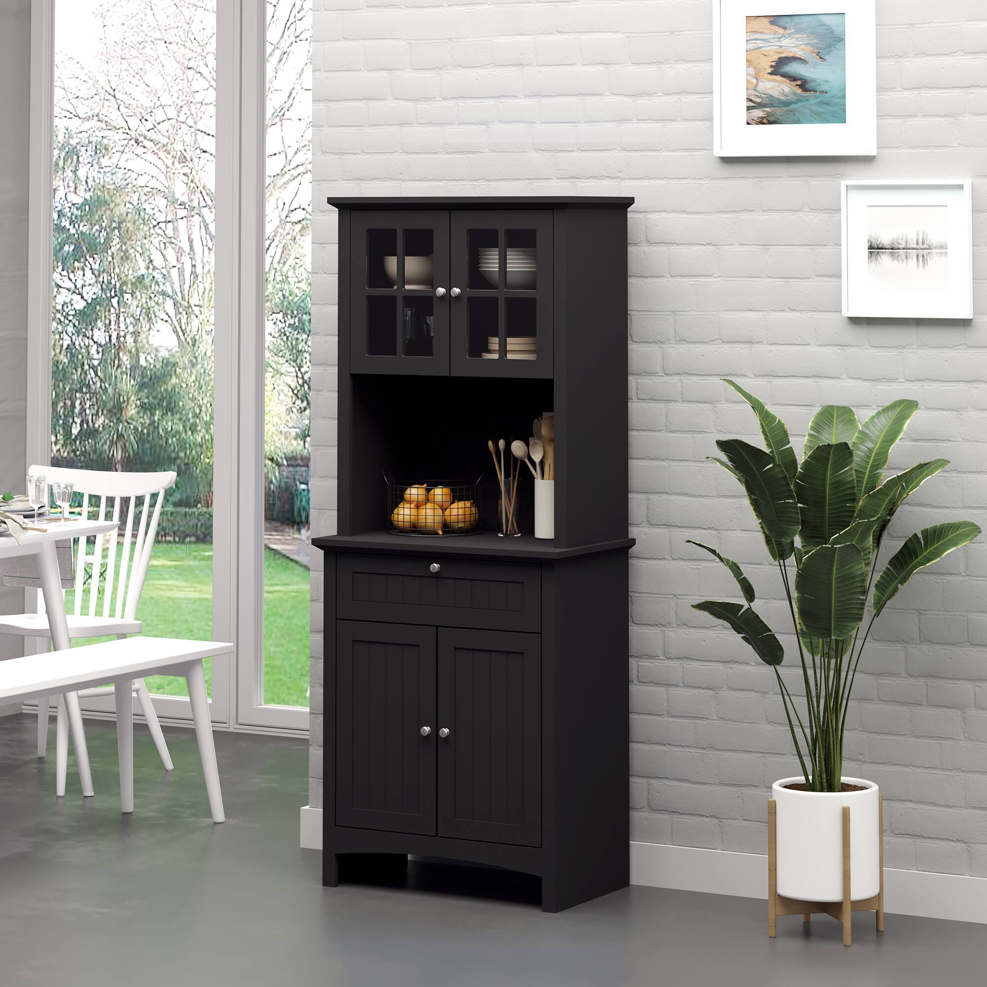 Alt View 1. Homcom - Elegant Buffet with Hutch, Kitchen Pantry Storage Cabinet with Framed Glass Door Drawer and Microwave Space Black - Black.