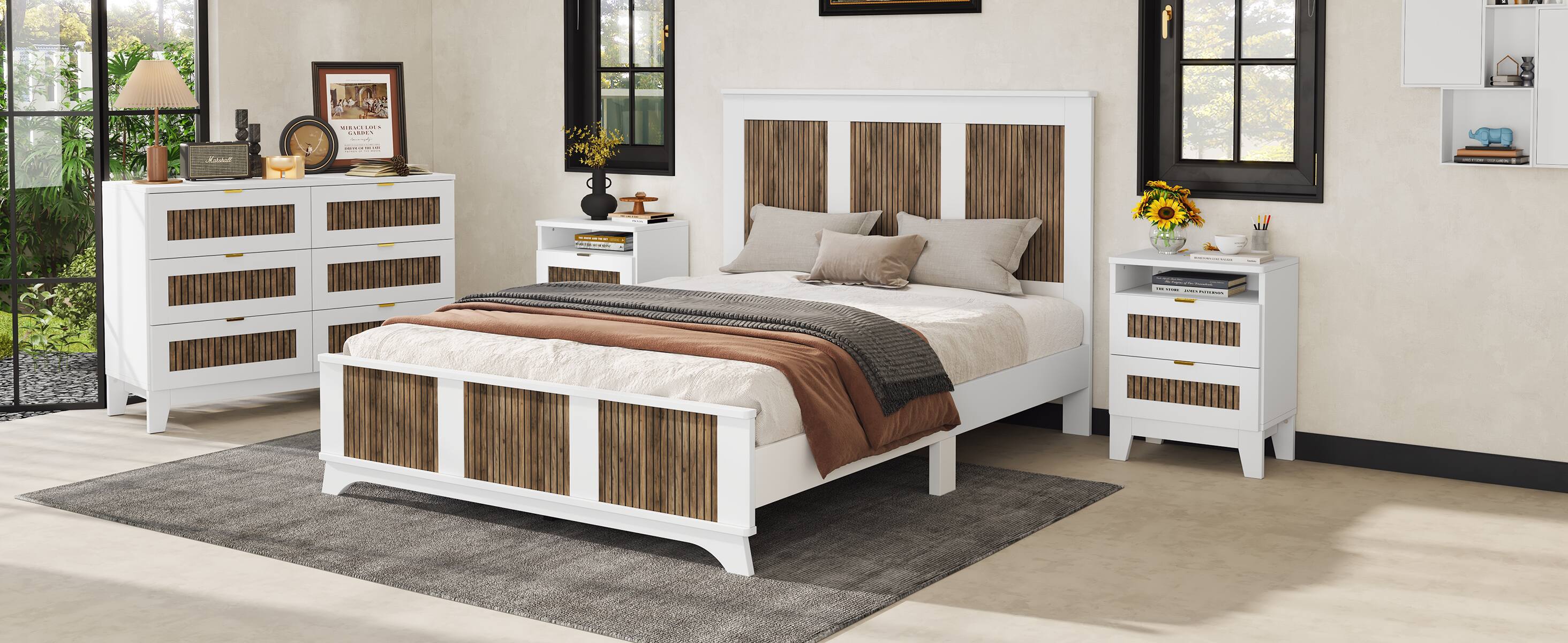 Alt View 8. Tiramisubest - Wooden Platform Queen Size Bed, Modern Platform Bed with Wooden Strip Stickers Decoration, Plywood Slats Support, White - White.