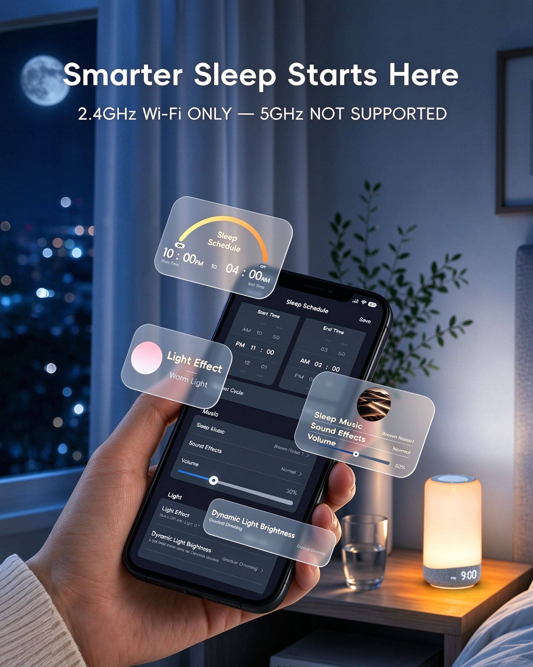 Smarter Sleep Starts Here  
2.4GHz Wi-Fi ONLY - 5GHz NOT SUPPORTED  

Sleep Schedule  
Start Time: 10:00 PM  
End Time: 04:00 AM  

Light Effect  
Warm Light  
Dynamic Light Brightness  

Sleep Music  
Sound Effects  
Brown Noise  
Sound Volume: Normal (60%)  
Light: 30%  

Dynamic Light Brightness: 20