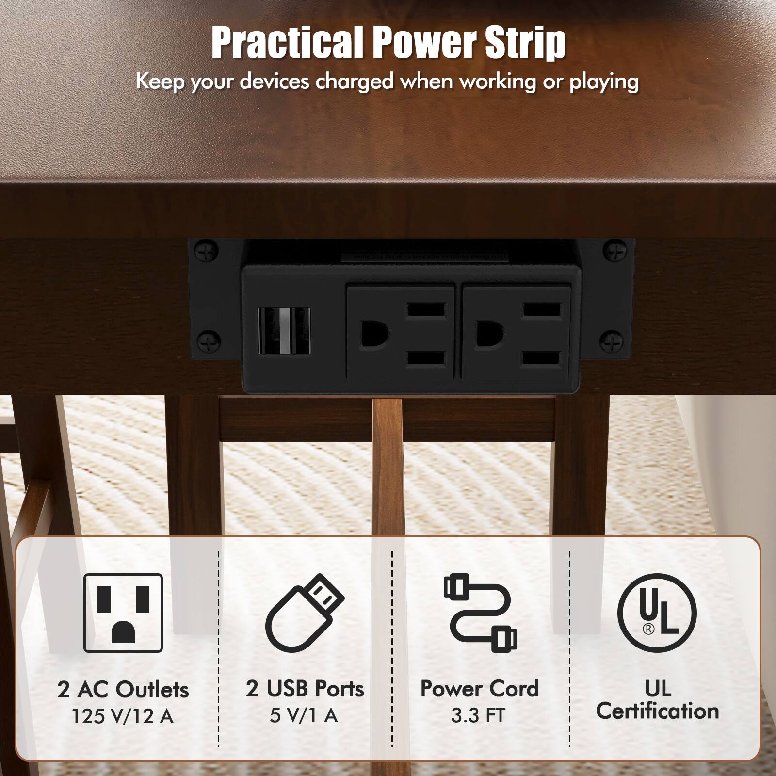 Practical Power Strip  
Keep your devices charged when working or playing  

- 2 AC Outlets 125 V/12 A  
- 2 USB Ports 5 V/1 A  
- Power Cord 3.3 FT  
- UL Certification