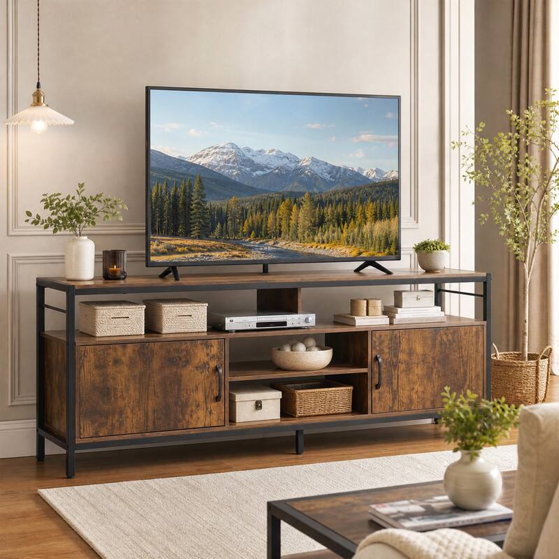Angle. WELLFOR - Industrial TV Stand for 55"/60"/65" Inch TVs with Adjustable Shelf, Entertainment Centre with 2 Door & Open Shelf - Rustic Brwon.
