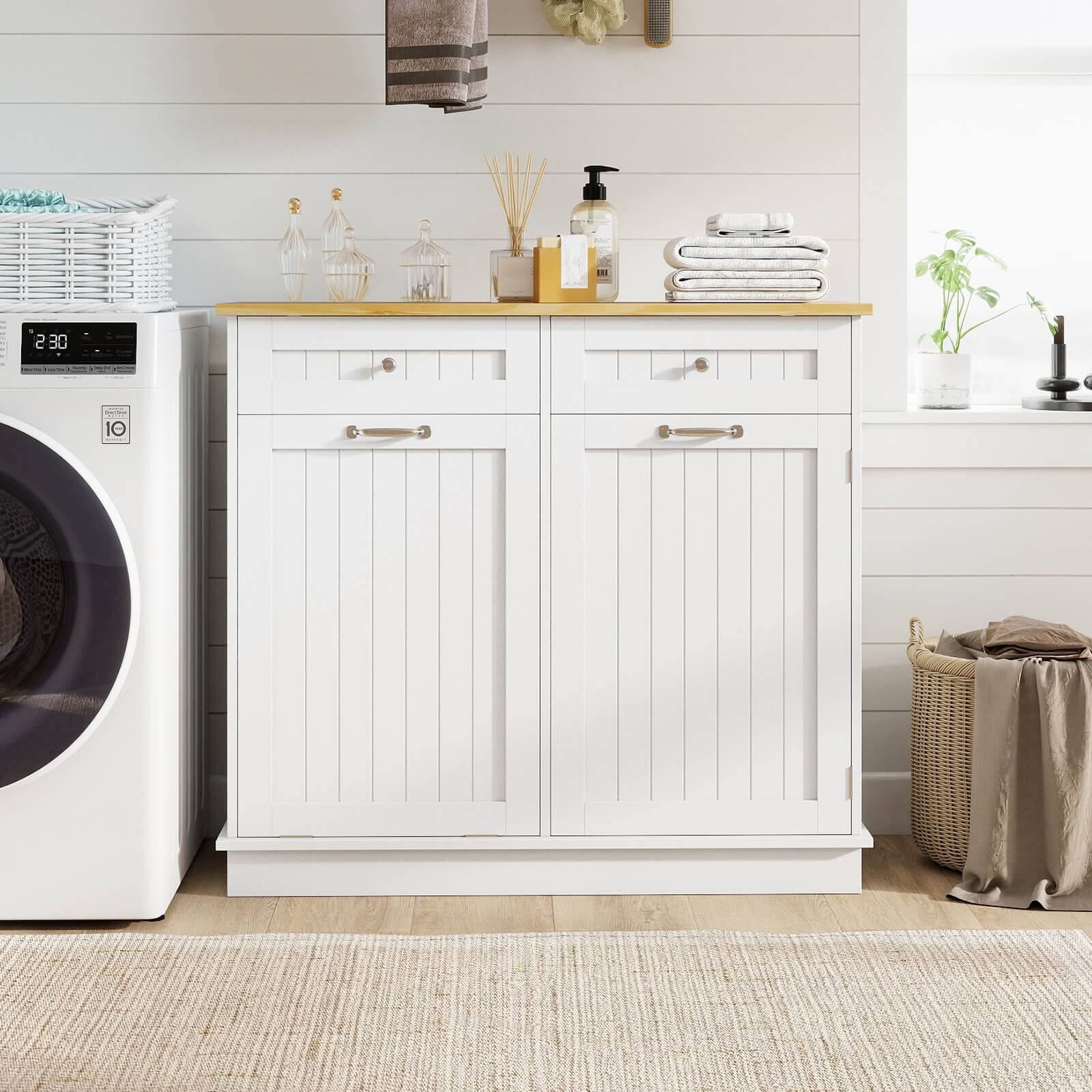 Alt View 4. Costway - Costway 15.5 Gallon Kitchen Tilt Out Trash Cabinet Rubber Wood Tabletop 2 Drawers - White.