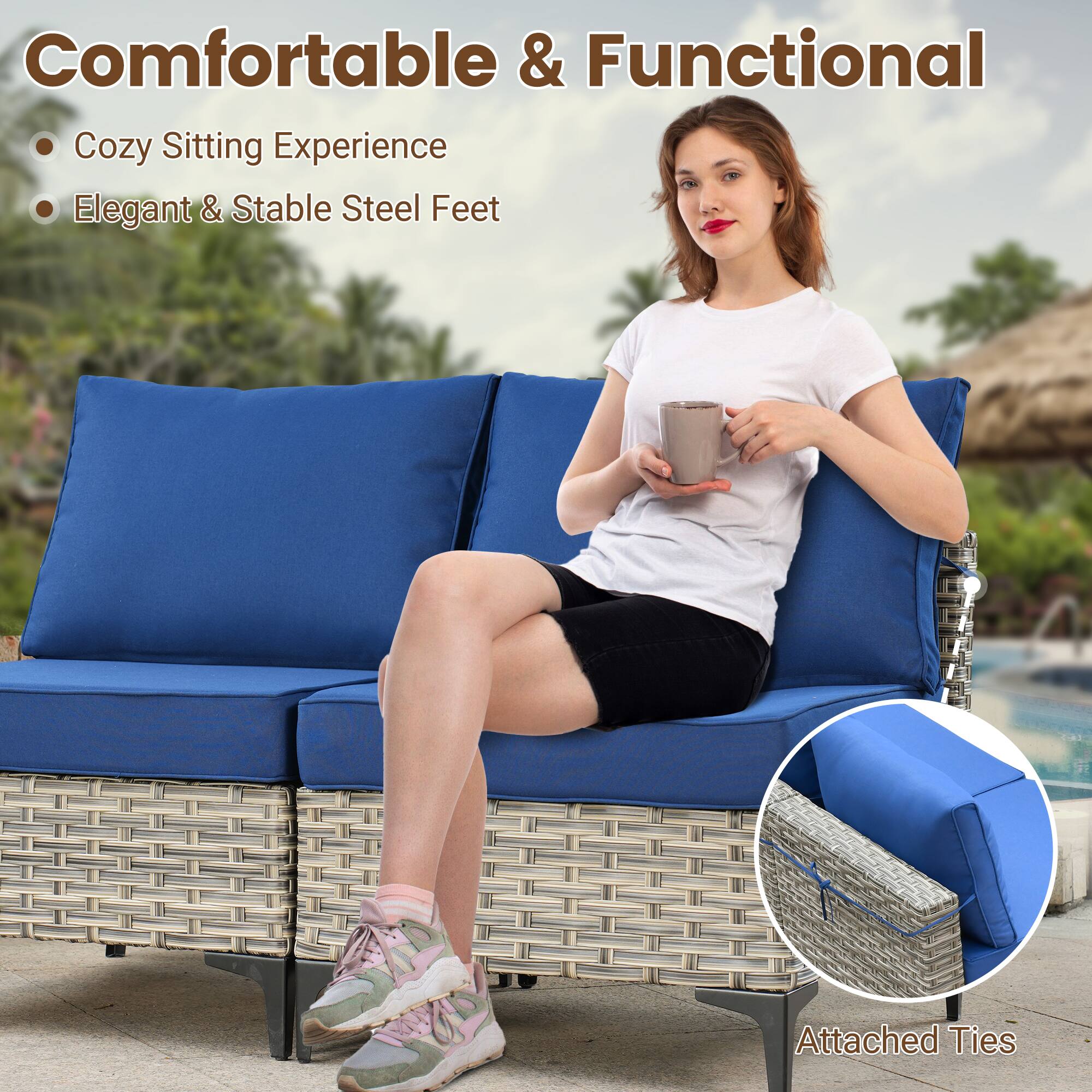 Comfortable & Functional  
- Cozy Sitting Experience  
- Elegant & Stable Steel Feet  
Attached Ties