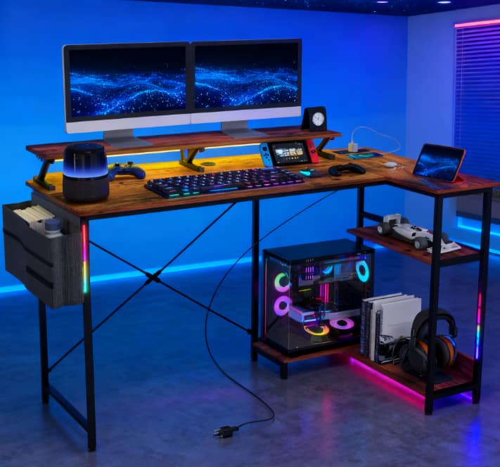 Aukfa - Computer Desk with Reversible L Shaped, Corner Desk with Monitor Stand,Power Outlets and LED Lights - Brown