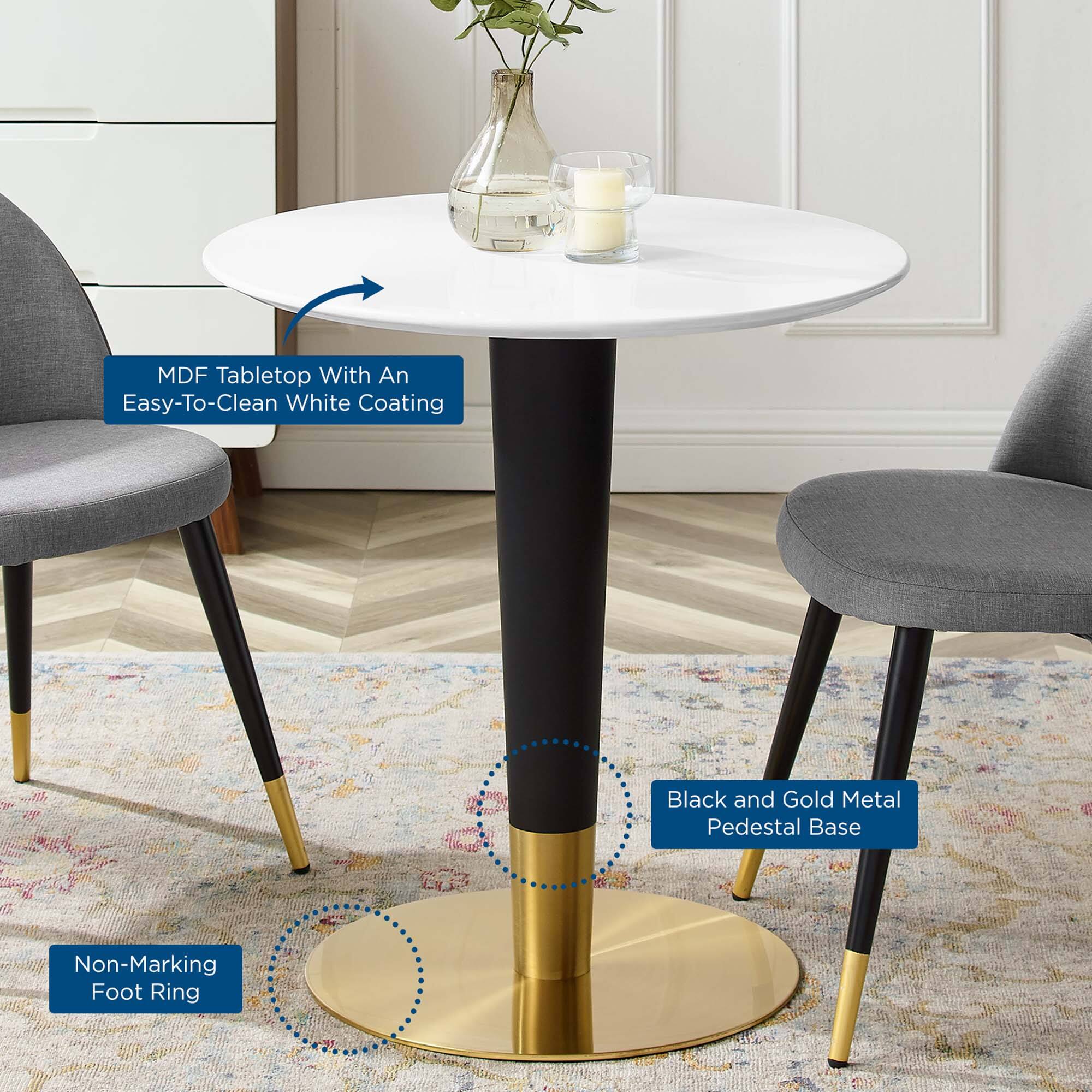 - MDF Tabletop With An Easy-To-Clean White Coating
- Black and Gold Metal Pedestal Base
- Non-Marking Foot Ring