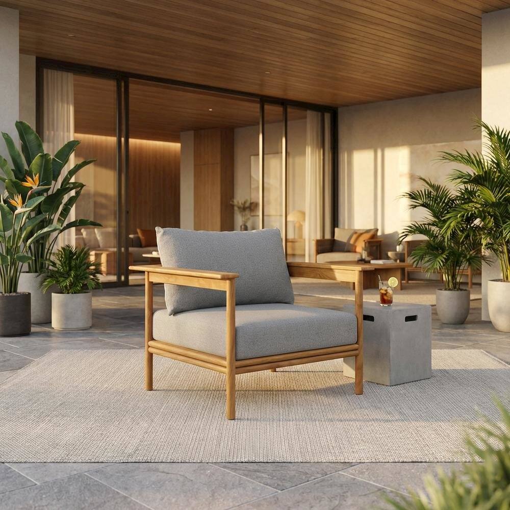 Angle. Outdoor Escape - Teak Wood Outdoor Patio Armchair for Garden and Porch Relaxation - Brown.