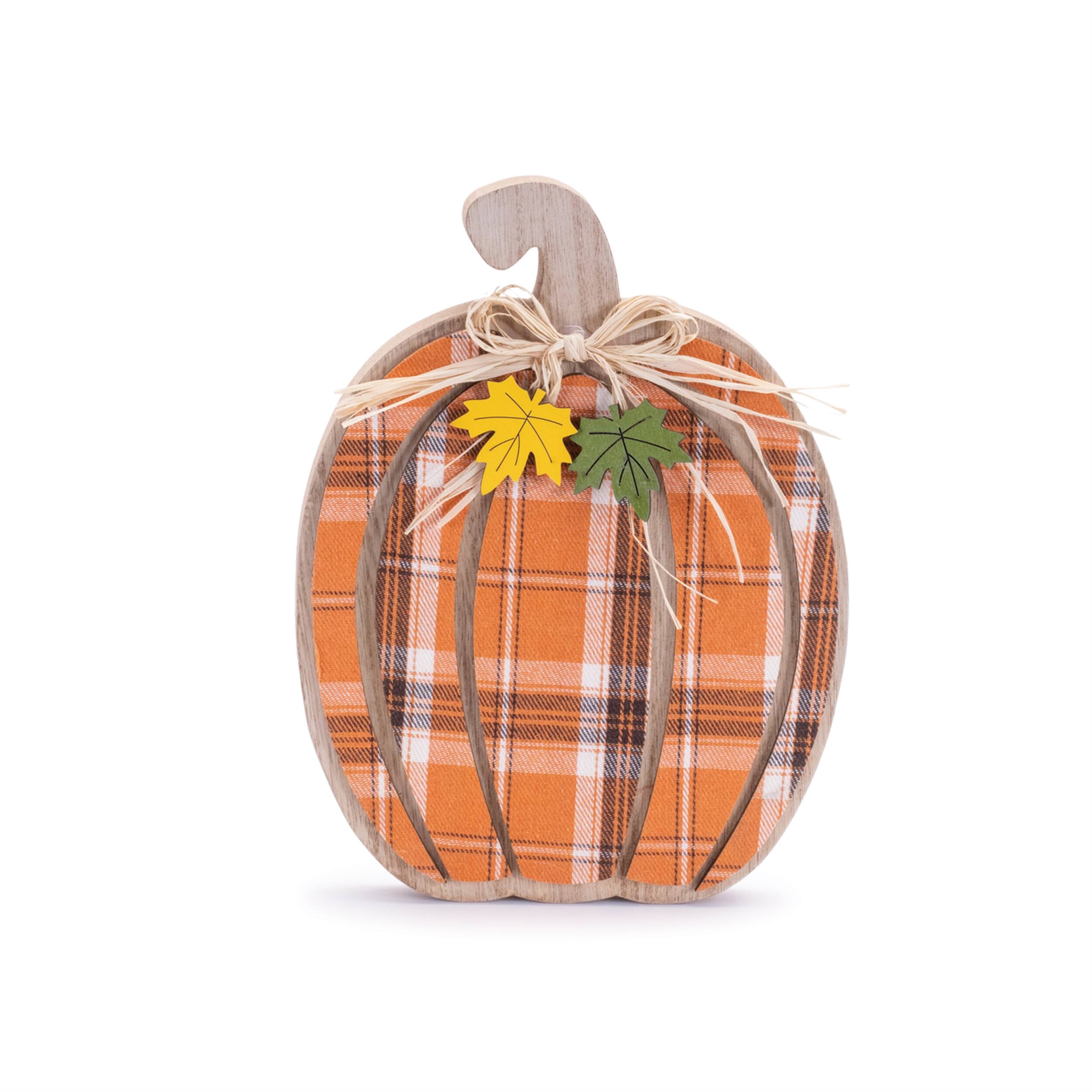 Left. BreeBe - Harvest Plaid Pumpkin Decor (Set of 2) - Orange, Brown.