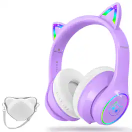 Loheer - Kids Bluetooth 5.4 Headphones with Cat Ear RGB Lights, 94dB Volume Limit, 50H Playtime, Purple